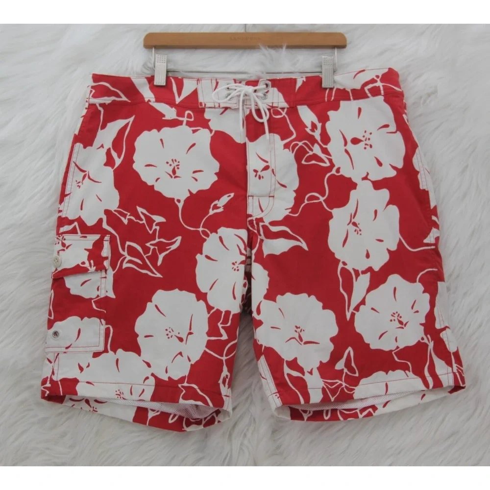 $79 J. Crew Long Board Short Swim Trunks 35 Red Hibiscus Flower 9